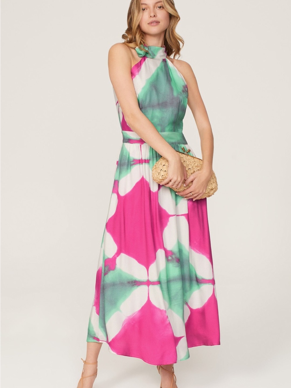 Tie-Dye Halter Maxi Dress - Pink & Green